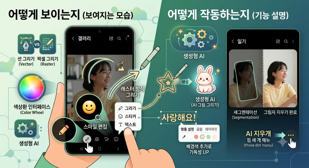 갤럭시 갤러리 포토 에디터에서 사진에 글씨와 그림을 추가하고, 생성형 AI 그림 그리기와 AI 지우개로 그림자를 제거하는 기능을 설명하는 이미지