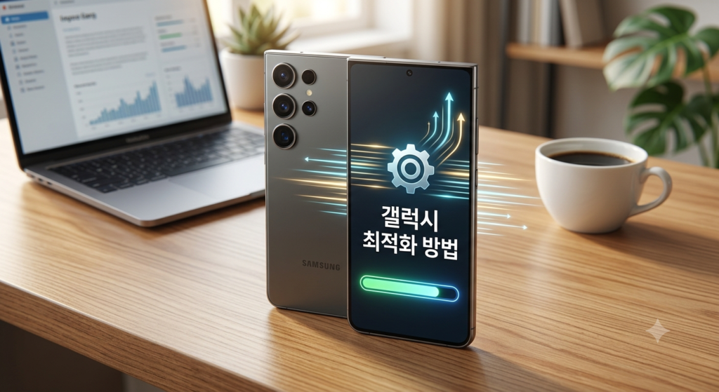 책상 위에 놓인 갤럭시 스마트폰 화면에 최적화 아이콘과 진행 표시줄이 보이며, 스마트폰 성능 최적화 설정을 표현한 대표 이미지입니다.