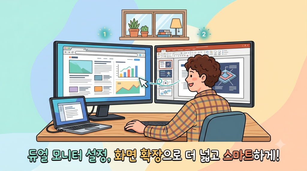 노트북과 듀얼 모니터를 연결해 화면을 확장하고 한쪽에는 웹 브라우저, 다른 쪽에는 발표 자료를 띄워 스마트하게 작업하는 사람의 이미지