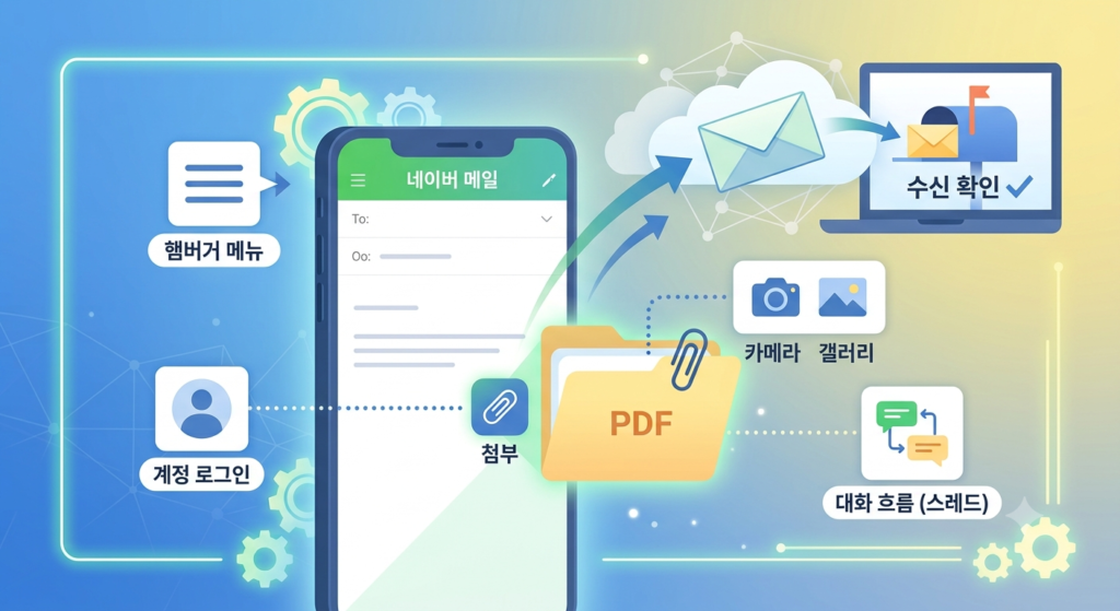 스마트폰 네이버 메일 화면에서 PDF와 사진을 첨부해 메일을 보내고, 수신 확인과 대화형 스레드 기능까지 활용하는 과정을 보여주는 이미지