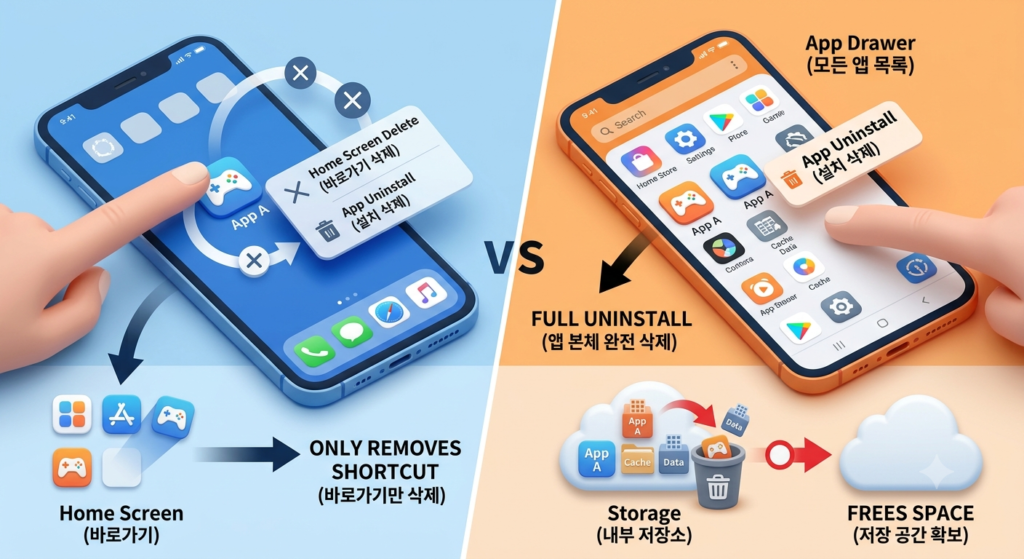 스마트폰 홈 화면 삭제와 앱 완전 삭제의 차이를 비교한 안내 이미지