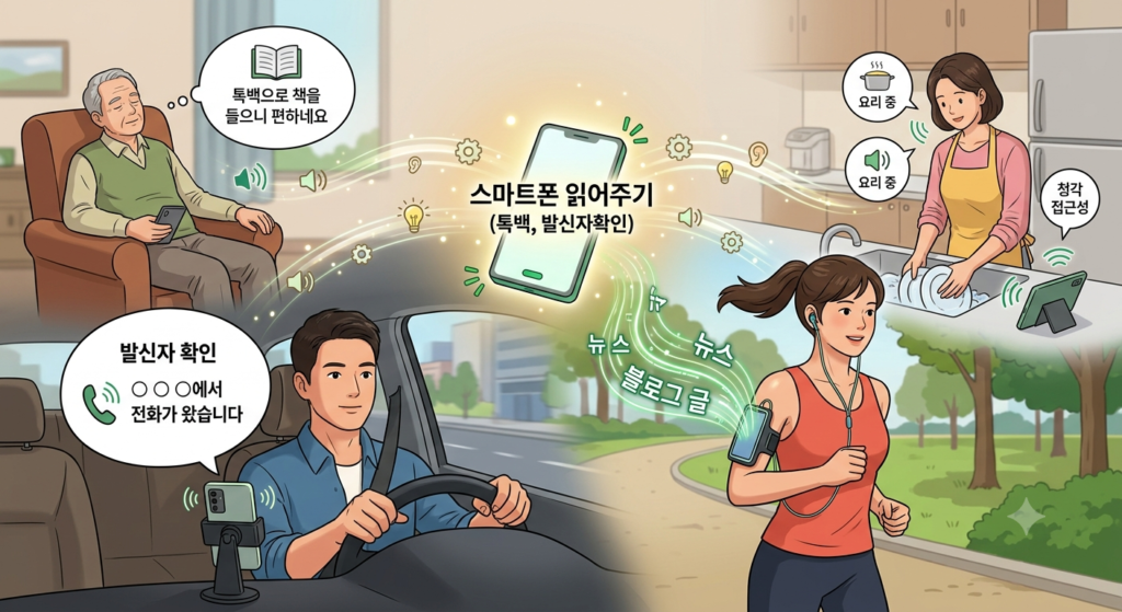 스마트폰 읽어주기 기능으로 발신자 이름 확인과 톡백을 활용해 운전, 운동, 요리 중에도 화면 없이 정보를 듣는 모습을 표현한 이미지
