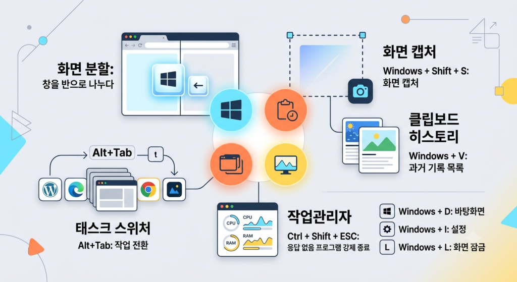 화면 분할, Alt+Tab 작업 전환, 화면 캡처, 클립보드 히스토리, 작업 관리자 등 자주 사용하는 윈도우 단축키를 아이콘으로 정리한 이미지