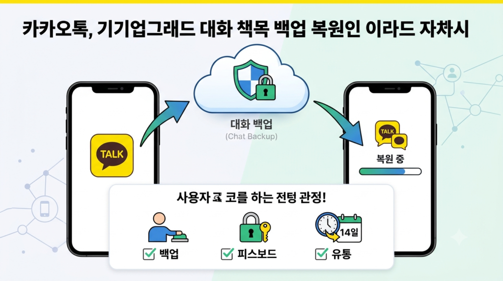 카카오톡 대화 백업과 복원 과정을 설명하는 일러스트로, 스마트폰 간 대화 백업과 복원, 백업 비밀번호 설정, 14일 보관 기간 등 주요 주의사항을 나타낸 이미지