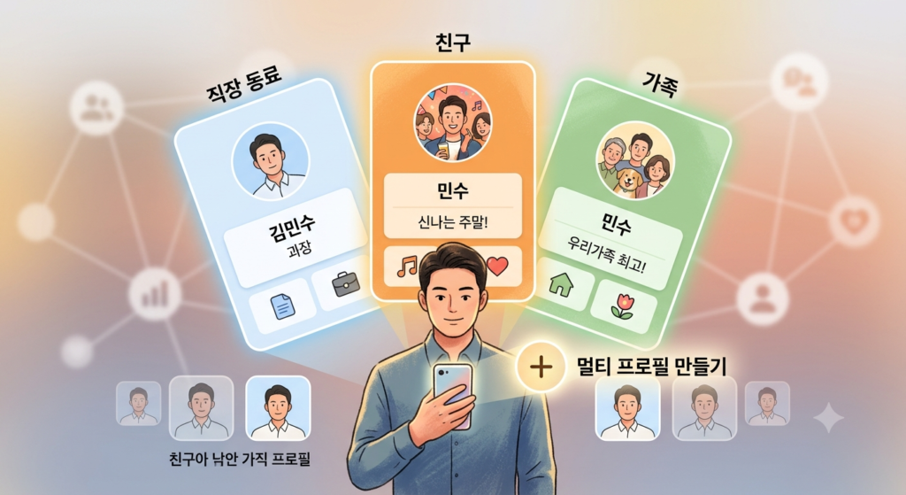 카카오톡 멀티 프로필 만들기와 친구별 프로필 설정 기능을 보여주는 이미지로 직장 동료, 친구, 가족에게 서로 다른 프로필을 적용하는 모습을 표현한 이미지