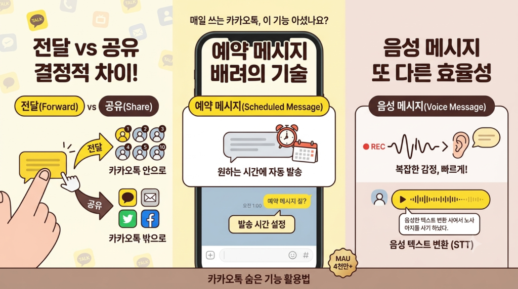 카카오톡 전달·공유, 예약 메시지, 음성 메시지(STT) 기능을 비교한 안내 이미지