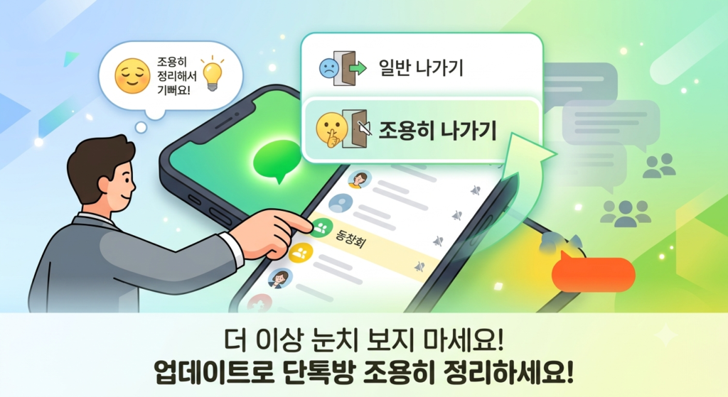 카카오톡 조용히 나가기 기능으로 단체 채팅방을 퇴장 메시지 없이 정리하는 방법을 안내하는 이미지