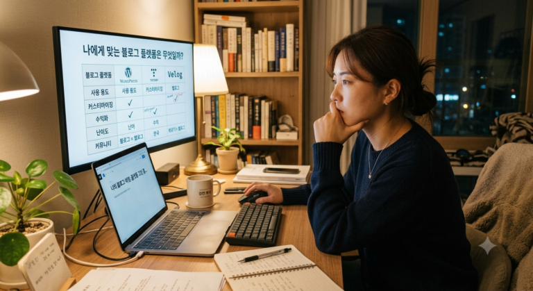 컴퓨터 화면을 보면서 블로그선택을 고민하는 사진