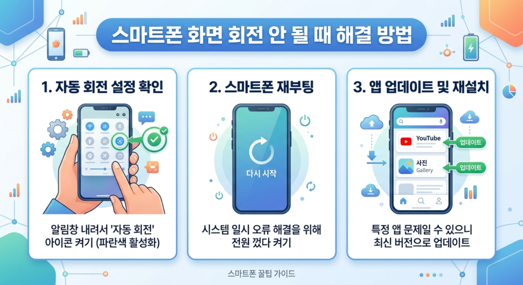 스마트폰 화면 회전이 안 될 때 자동 회전 설정 확인, 재부팅, 앱 업데이트 해결 방법을 설명하는 안내 이미지