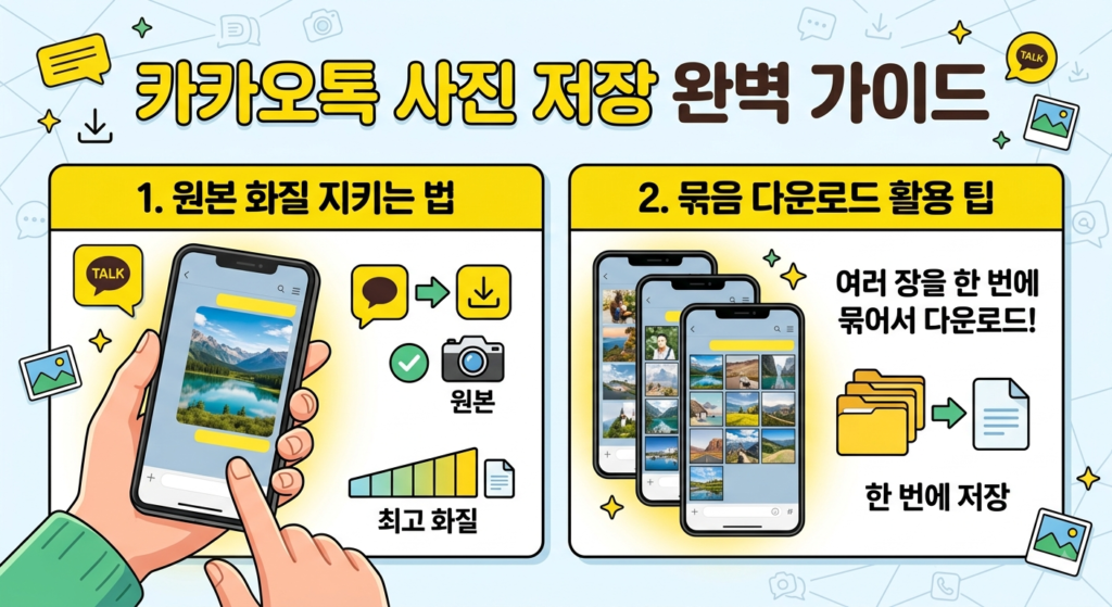 카카오톡으로 받은 사진을 저장하고 여러 장의 사진을 한 번에 묶어서 다운로드하는 방법을 보여주는 안내 이미지
