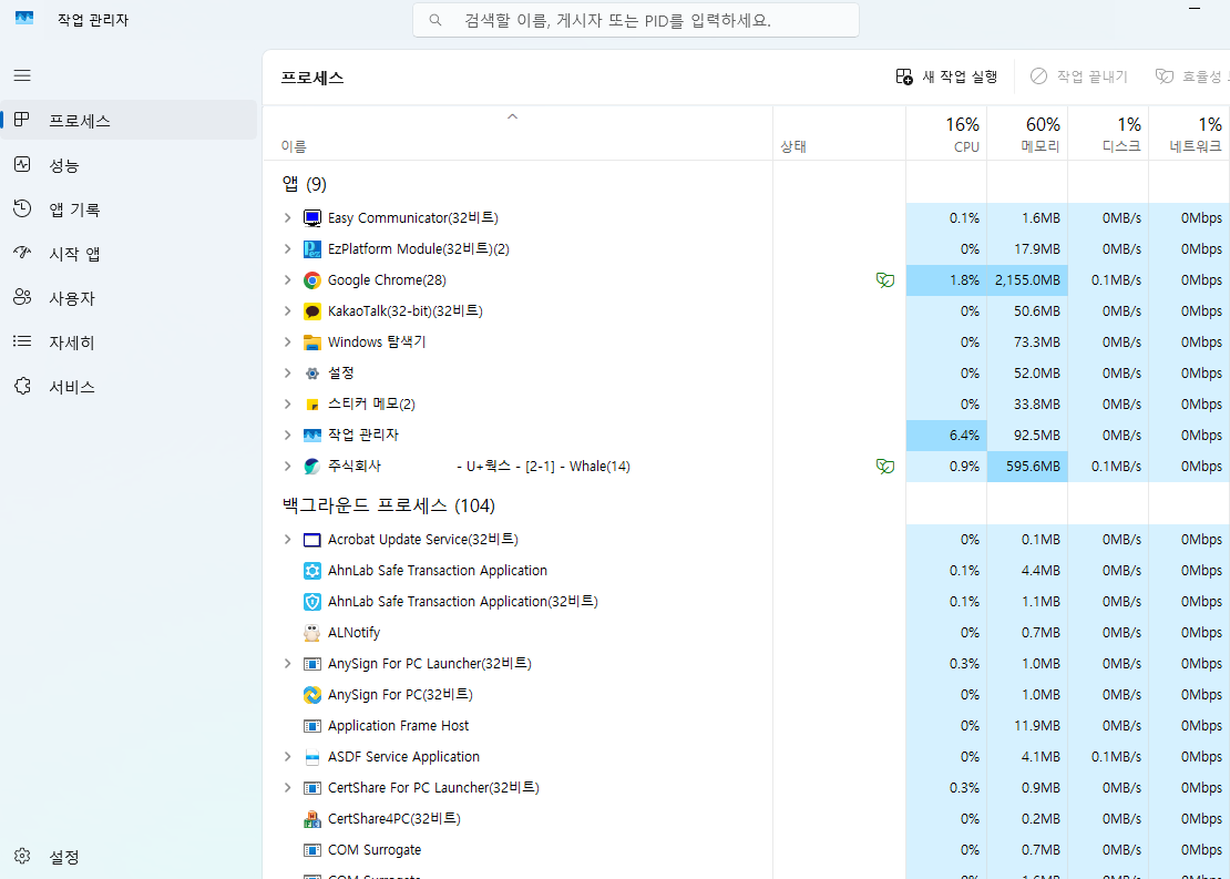 작업관리자 화면