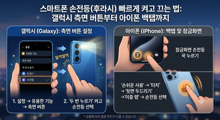 스마트폰 손전등 빠르게 켜는 법: 갤럭시 측면 버튼부터 아이폰 백탭까지